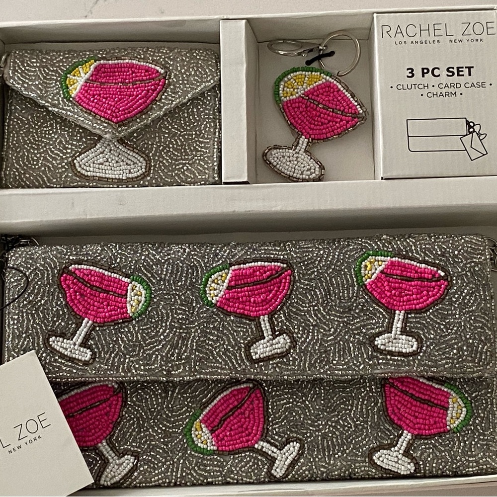Rachel Zoe Silver Beaded Clutch Set with Pink Cocktail Motif, NWT, 3 piece set